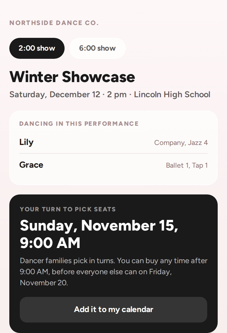 A dancer family's ticket page showing their turn to pick seats