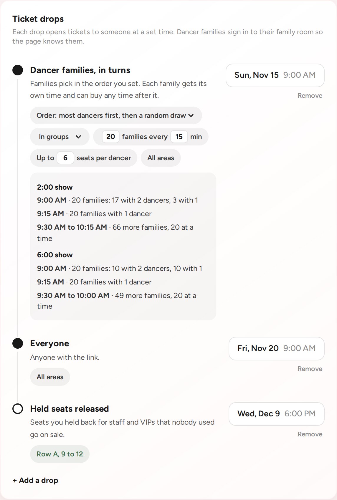 The studio's ticket drops setup